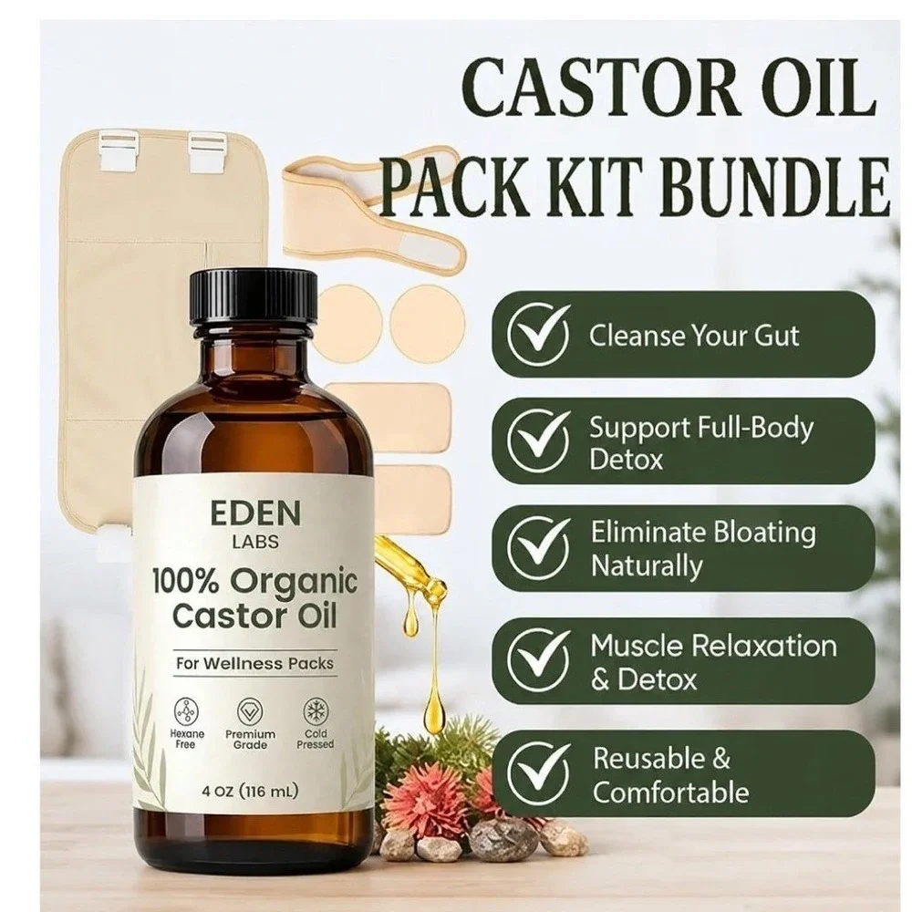 EDEN LABS Organic Castor Oil Pack Kit Bundle Wrap 4oz Cold Pressed Hexane Free